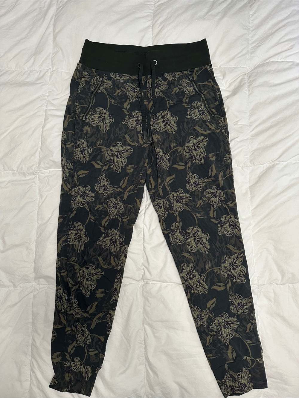 Athleta Olive Floral Print Joggers with Black Waistband